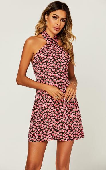 Mini-jurk met halternek en rugdetail in roze rozenprint