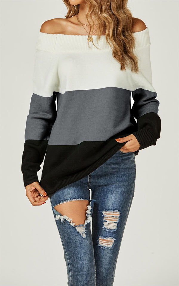 Schulterfreies, legeres Pullover-Oberteil in Blockfarben in Grau, Weiß und Schwarz