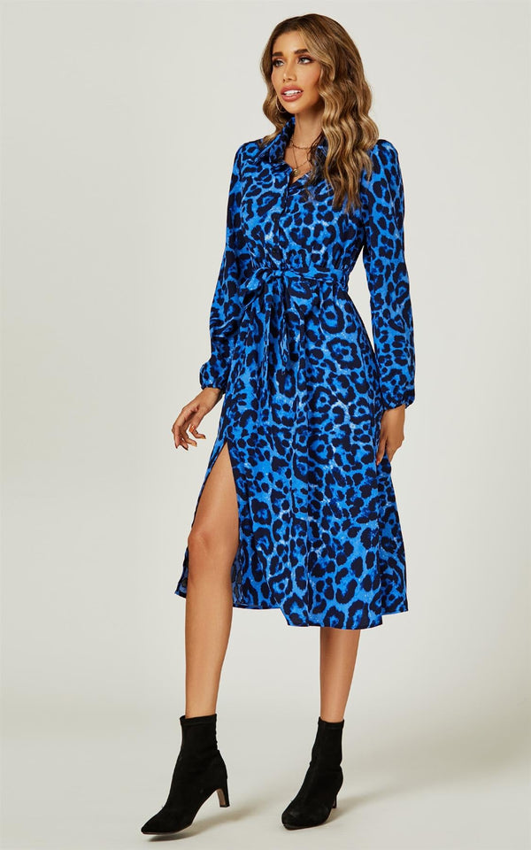 Luipaardprint split midi-jurk in koningsblauw
