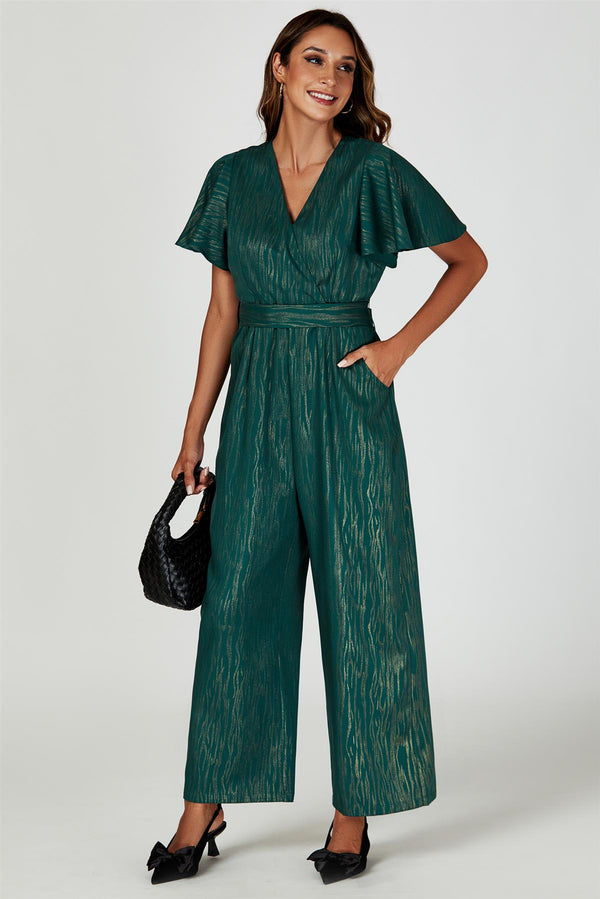 Wikkeltop jumpsuit met goudfolieprint in groen