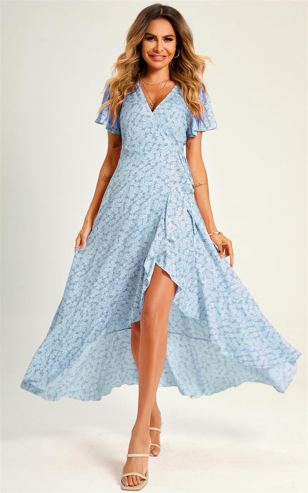 Zomerse midi-jurk met bloemenprint en zoom in blauw