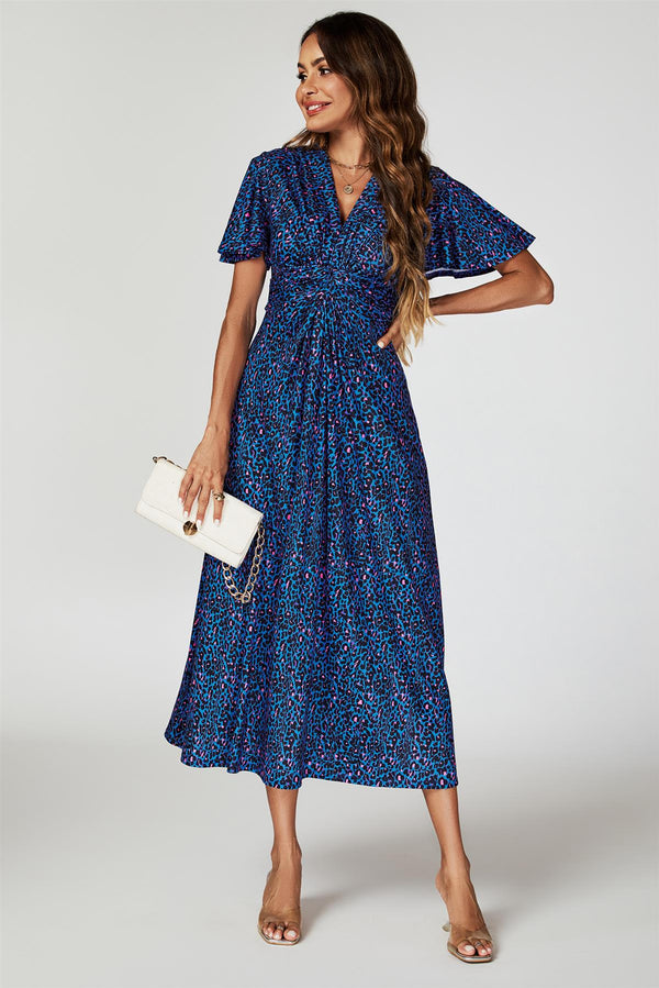 Dierenprint engelmouwen twist midi-jurk in blauw