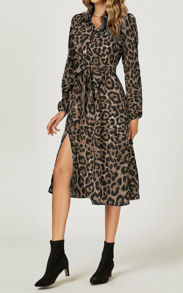 Luipaardprint split midi-jurk in bruin