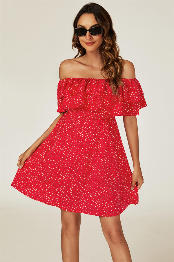 Polka Dot Bardot Mini Jurkje Met Volant In Rood