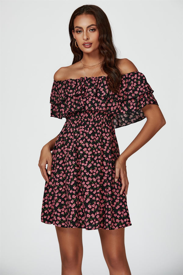 Mini-jurk met bloemenprint en bardot-frons in zwart