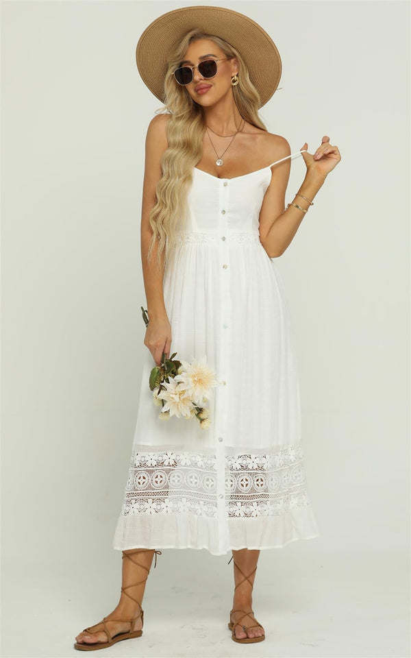 Maxi-jurk met bandjes en kanten details in het wit