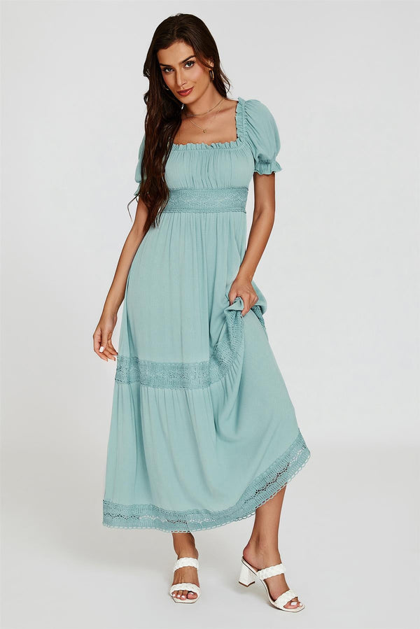 Bardot maxi-jurk met kantdetail in blauw