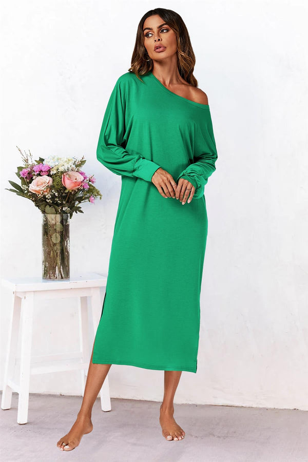 Oversize-Midaxi-Jerseykleid mit Schlitz und langen Ärmeln in Grün 