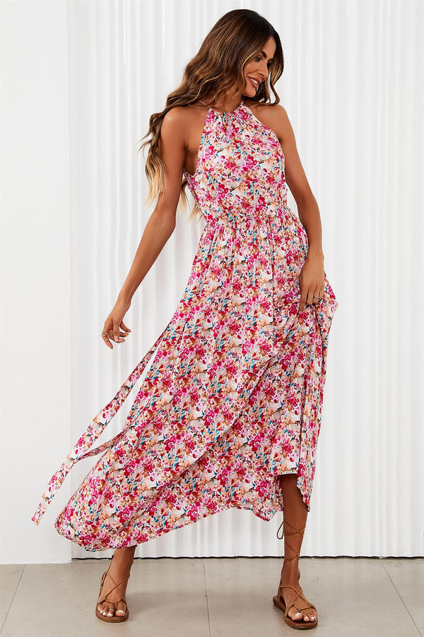 Maxi-jurk met bloemenstrik en halternek in roze