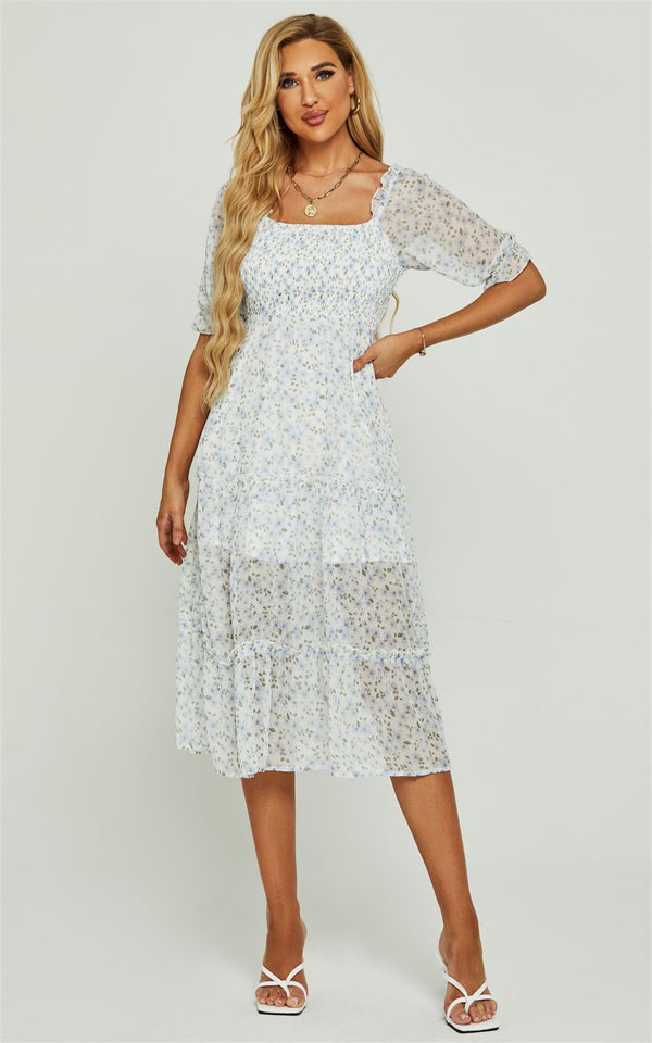 Blauwe Bardot midi-jurk met pofmouwen en elastische details in wit