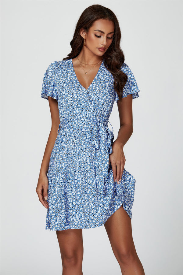Mini-jurk met bloemenprint en gelaagde zoom in blauw