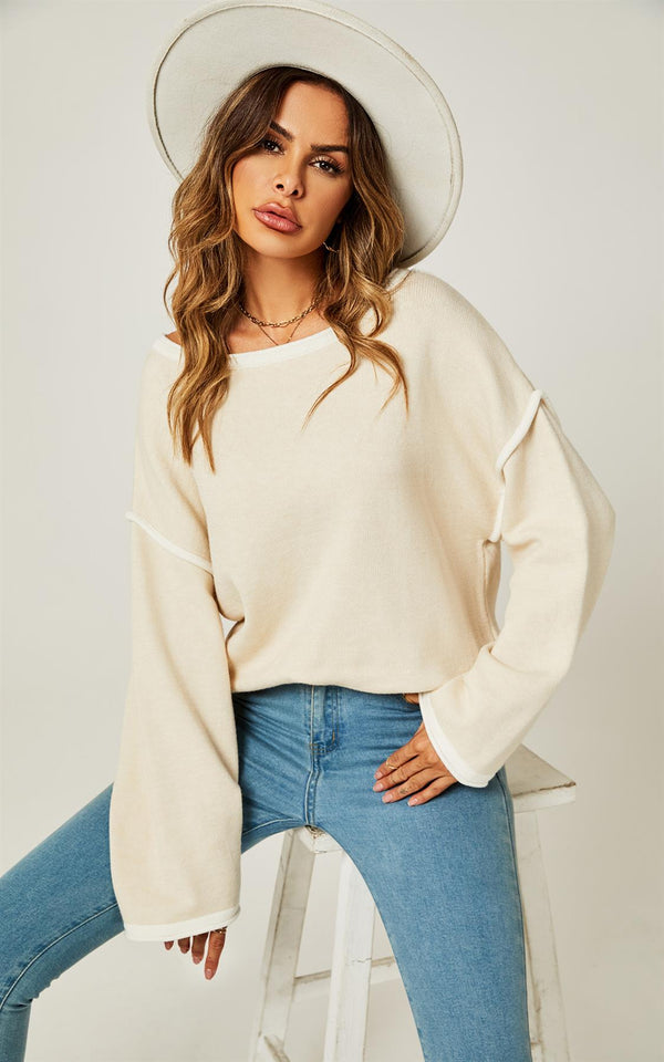 Weiß gestreiftes Oversize-Pulloveroberteil in Beige