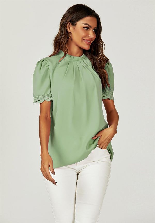 Lace Trim Detail Short Sleeve High Neck Blouse Top In Light Green
