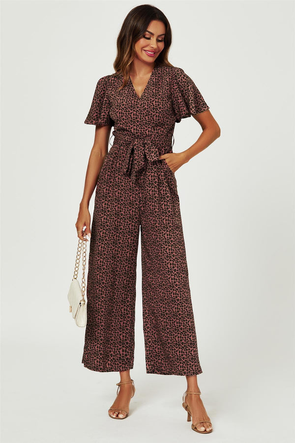 Jumpsuit met luipaardprint en wikkeltop in roestbruin