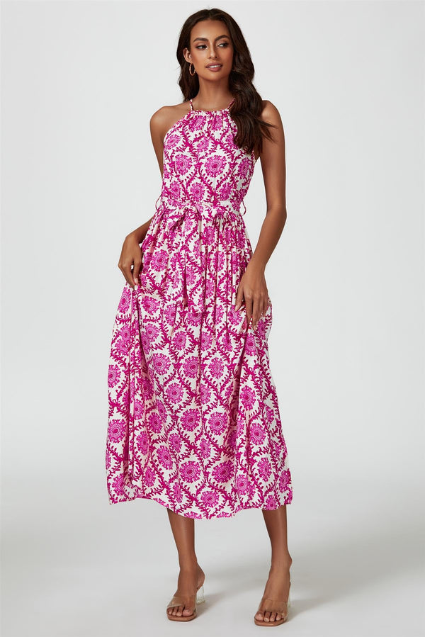 Maxi-jurk met bloemenprint en halternek in roze