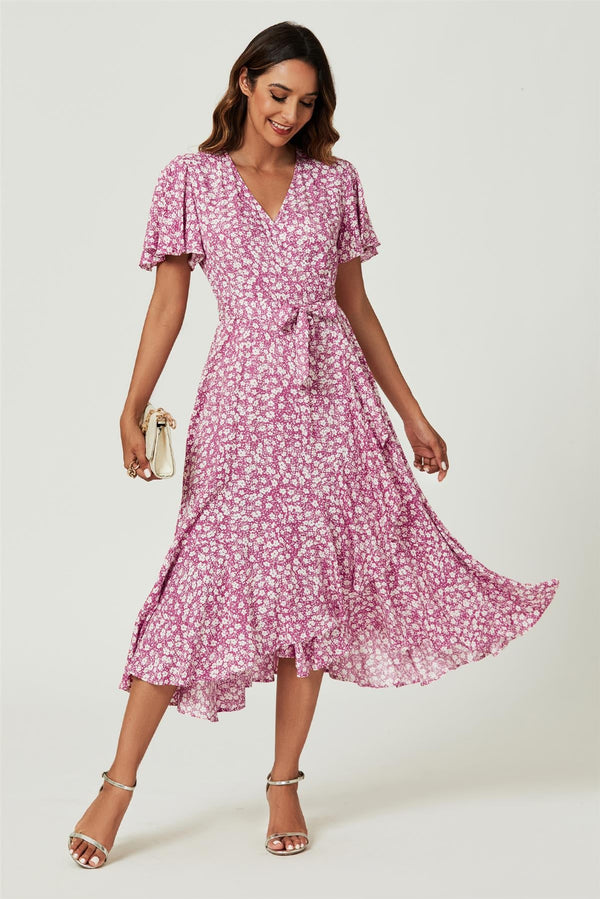 Midi-Wickelkleid mit Blumenmuster in Pink