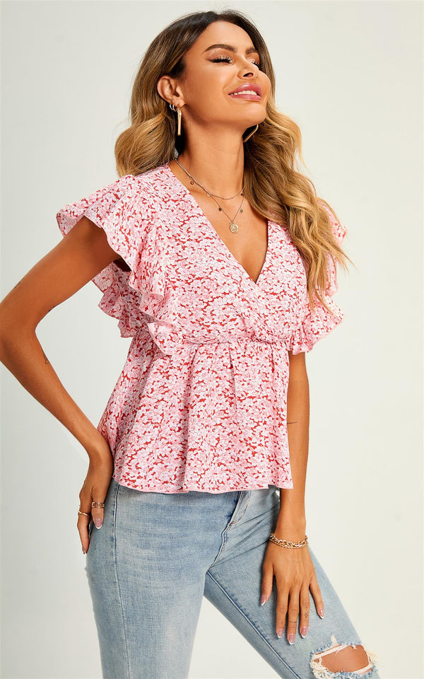 Top/blouse met hoge taille en V-hals in roze bloemenprint