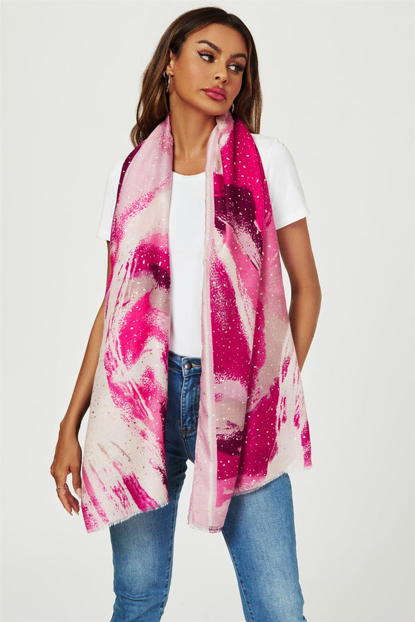Goudfolie Abstract Penseel Print Gefranjerde Randen Sjaal In Roze