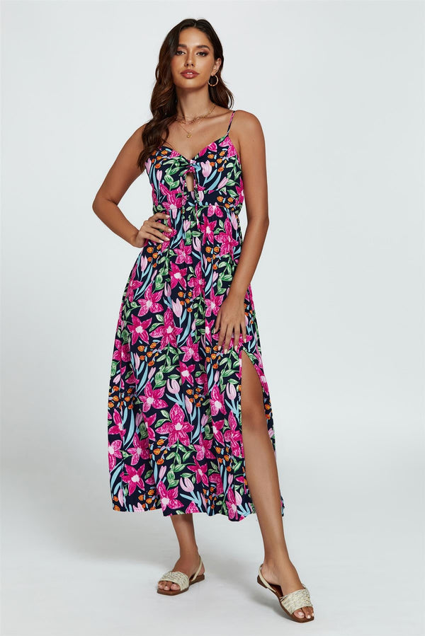 Maxi-jurk met bloemenprint en strik aan de voorkant in zwart