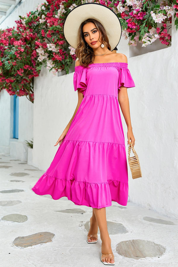 Off Shoulder Bardot Frill Midi-jurk in fuchsiaroze